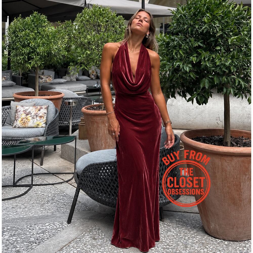 Zara NWT Raspberry Velvet Halter Open Back Maxi Dress M - Picture 5 of 16